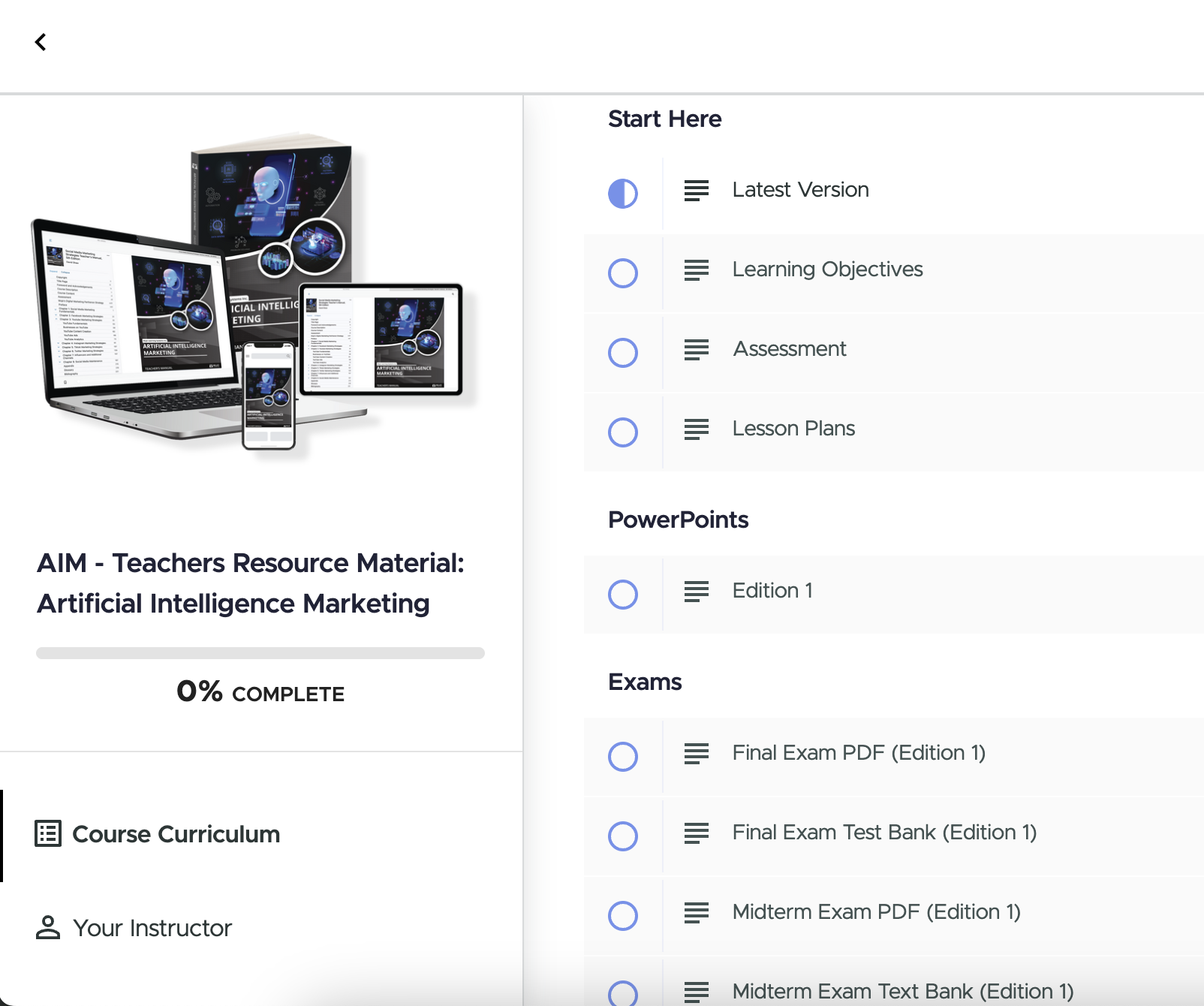 Screenshot of Mujo’s Artificial Intelligence Marketing textbook interface showing interactive digital courseware for higher education